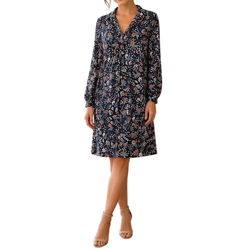C&E Navy Blue Floral Button‎ Down Shirt Dress Long Sleeve Large